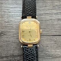 Oleg Cassini Watch Women Diamond Gold Tone Dial Black Leather Band - $21.58