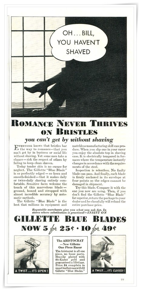 Print Ad Gillette Blue Blades Romance Never Thrives 1935 2/3-Page Advert... - $9.70