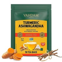 VAHDAM, ORGANICS  Turmeric Ashwagandha  Tea Bags (50 Count) 100% Pure Herbal - £15.81 GBP