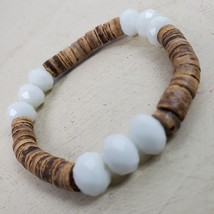 Vintage Hippie Style Earthy w/ Brown White Beads Stretchy STATEMENT Brac... - $9.16 CAD