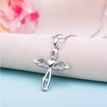 Exquisite 925 Sterling Silver Charming Zircon Heart Wings Cross Necklace - £12.98 GBP