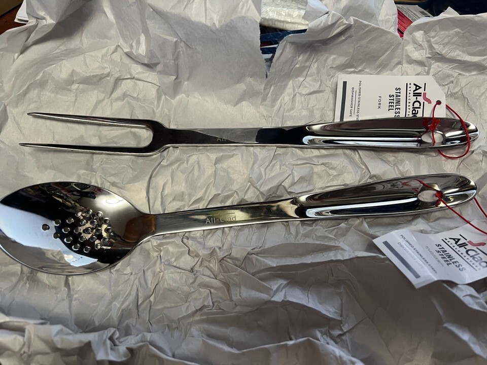both All-Clad T104 18/10 Stainless Steel Solid Piece Fork + Slotted Spoo... - $44.97