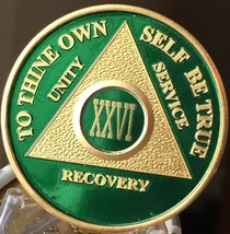26 Year AA Medallion Green Gold Plated Alcoholics Anonymous Sobriety Chi... - £16.03 GBP