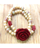 Red Rose Pink Cultured Pearls Bead 2 Strand Layered Handmade Bracelet St... - $39.99