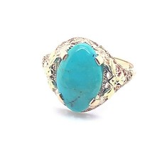 10k Yellow Gold Vintage Genuine Natural Turquoise Ring Applied Flowers (#J5213) - £435.24 GBP