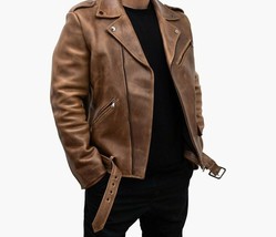 Men&#39;s Brown Biker Motorcycle Leather Jacket Real Genuine Lambskin Leather Jacket - £142.20 GBP