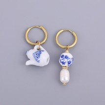 Asymmetric Handmade Round Heart Flower Ceramic and  Hoop Earrings for Women Gold - £10.53 GBP
