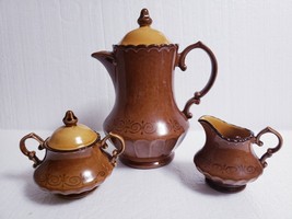 Metlox Vernon Ware San Fernando Gold 7 Cup Coffee Pot, Creamer, Sugar Bowl w/Lid - £37.14 GBP
