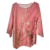 Womens Blouse Multicolor Abstract Long Sleeve Flare Asymmetric Glitter Artsy L - £17.17 GBP