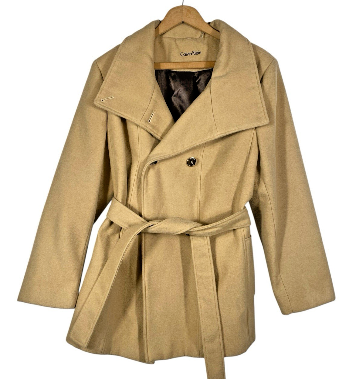 Calvin Klein Pea Coat Size PXL Tan Light Brown Belted Old Money Preppy C... - $99.89