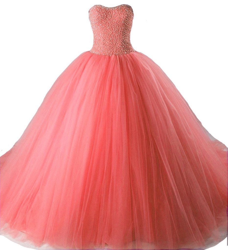 Kivary Beaded Crystals Pearls Sweetheart Long Tulle Prom Formal Quinceanera Dres
