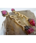 Natural Multi Tourmaline Carved Leaves Diamond 18K Yellow Gold Dangle Ea... - €1.118,46 EUR