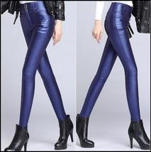 Blue Stretch Faux Leather High Waisted Button Up Skinny Pencil Trousers image 2