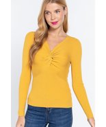 Honey Mustard Yellow Long Sleeve V Neck Front Knotted Sweater Top - £11.99 GBP