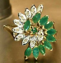 2.75Ct Marquise Cut Emerald &amp; Diamond Cluster Wedding Ring 14K Yellow Gold Over - £89.08 GBP