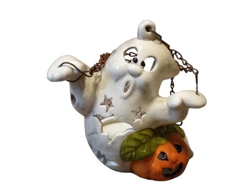 Primary image for Vtg Halloween Spooky Ghost Hangable Ceramic Tealight Candle Holder Pumpkin 7"t