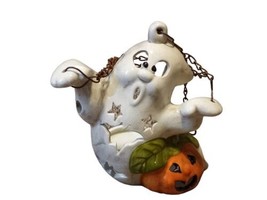 Vtg Halloween Spooky Ghost Hangable Ceramic Tealight Candle Holder Pumpkin 7&quot;t - £9.43 GBP