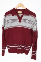 Vtg 70s Anderson Little M Maroon Gray Stripe Knit Collared Acrylic Sweater Shirt - £21.14 GBP