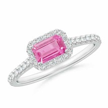 ANGARA East West Emerald-Cut Pink Sapphire Halo Ring for Women in 14K Solid Gold - £967.79 GBP