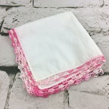 Vintage Hankie Pocket Handkerchief Pink Crocheted Lace Border Trim  Flaw - £7.78 GBP