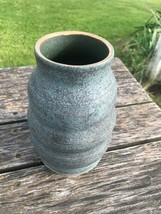 Vintage Signed Colonial Blue &amp; Black Glazed Ribbed Pottery Vase – signed on bott - £10.45 GBP