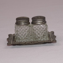 Vintage Unbranded Mini Cut Clear Glass Salt Pepper Shakers W/Silver Plated Tray  - £11.16 GBP
