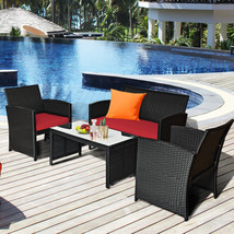 4 PCS Patio Rattan Furniture Conversation Set Cushion Sofa Table Garden Red - £275.71 GBP