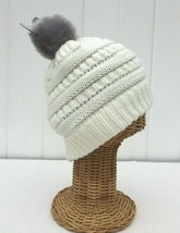 Kids Girls Cream Cable Knit With Faux Fur Pom Ears Winter Beanie Hat Stretchy #G - £12.80 GBP