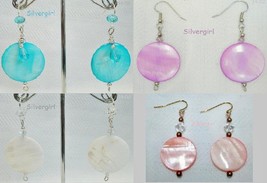 Natural Shell Mother of Pearl Coin Shaped Crystal Earrings Choose Color - £14.51 GBP