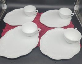 Indiana Milk Glass Snack Plate &amp; Cup 4 Sets  Harvest Grape Lunch Oblong Vintage - £29.05 GBP