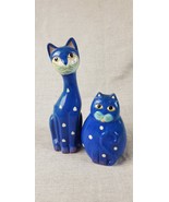 Pair Of Ceramic Blue Soptted Cat Figurines, One Tall, One Short - $465.76 MXN