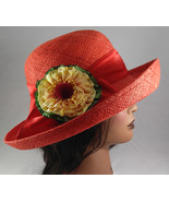 Women’s Red Straw Boater Hat Ribbon and Floral Bow Easter Sunhat - $65.08 CAD