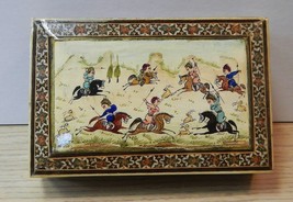 Painted Inlaid Wooden Box Asian Horses Hunting Rabbits Jewelry Casket - £22.38 GBP