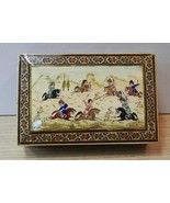 Painted Inlaid Wooden Box Asian Horses Hunting Rabbits Jewelry Casket - £22.44 GBP