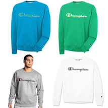 Champion Powerblend Fleece Crew Sweatshirt, Applique Logo White Grey Blue Green - £20.52 GBP
