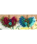 Multicolor Handmade Fiber KUCHI EARRINGS w/ Blue Rose &amp; Brass Leaf Charm... - $14.85