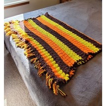 VTG Crocheted Afghan Blanket Throw Handmade 50x36 Inches Sunset Striped Cottage - £14.12 GBP