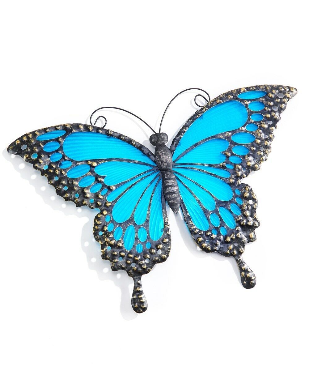 Primary image for Butterfly Suncatcher Wall Plaque 17" Long Hanging Blue Glass Metal Home Garden 
