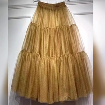 Gold Tiered Long Tulle Skirt Outift Women Custom Plus Size Tulle Skirt Outfit