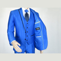 Mens Tuxedo Formal Suit ROYAL DIAMOND Slim Fit 3Pc Vested shiny Satin SL83 Blue image 15