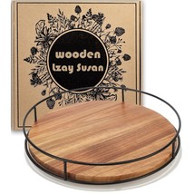 12&quot; Acacia Wood Lazy Susan Turntable, Kitchen Organizer Turntable With Steel Sid - £36.76 GBP