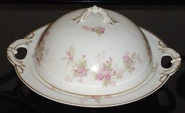 Haviland France Porcelain Covered Butter Cheese Dish Purple Flowers 3 Piece - £71.67 GBP