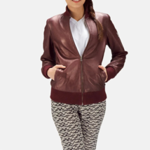 Women&#39;s Maroon Biker Varsity Bomber Leather Jacket - $169.99