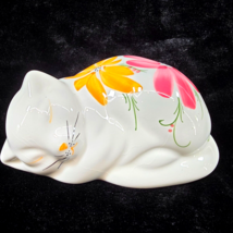 Cat Kitty Ceramic Potpourri Holder White Floral Design 5&quot; Hand Painted V... - $14.59