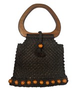 Vtg Boho Macrame Crochet Beaded Wooden Ring Handle Handbag Purse Brown 70s - $39.59