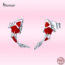 Bamoer Fashion Red Koi Stud Earrings for Women Genuine 925 Silver Fish Animal St - £16.68 GBP