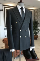  Tailored 2 pieces Black Striped Peaked Lapel Double Breasted Business Men Suits - £175.63 GBP