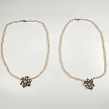Vintage Faux Pearl Necklace Lot Of 2 w Metal Flower Pendant Child Size I... - $8.59