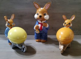Ceramic Hand Painted Glazed Easter Rabbit Workers Egg Cart Timekeeper 3pc - £59.52 GBP