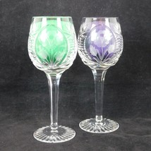 Set of 2 Crystal Wine Glass 3 Etched Flowers Cut Hex Stem Round Cut Foot 6 1/2&quot; - £22.82 GBP